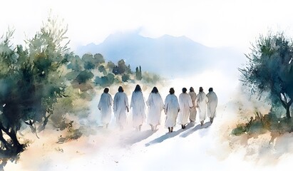Disciples Following Jesus Towards Distant Mountains