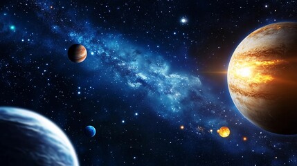 Naklejka premium Photo of space with planets and stars in the background, in a blue color scheme. The foreground features the planet Jupiter, the Earth's moon, and Mars in the foreground