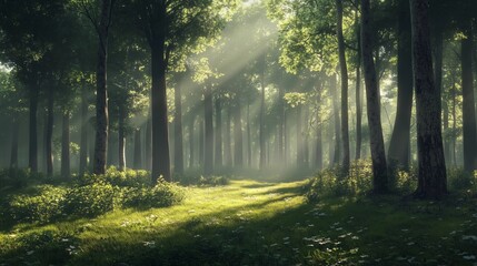 Obraz premium A serene forest scene with sunlight filtering through the trees, creating dappled light on lush green grass and wildflowers. The air is filled with an enchanting sense of tranquility as nature's beaut