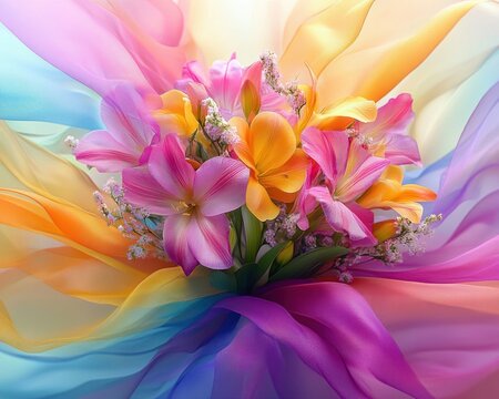 Radiant ribbons, swirling in vibrant hues, elegantly embrace a bouquet of anniversary flowers a captivating artistic expression of cherished memories This stunning image symbolizes love, celebrating