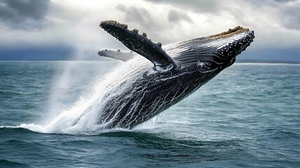 Fototapeta premium Humpback Whale Breaching Ocean Waters Majestically
