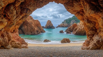 Fototapeta premium A view of the beach through a rock archway.