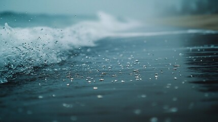 Tranquil Rainy Beach with Crashing Waves and Rippling Sand