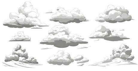 Collection Of Various Gray Scale Cloud Illustrations