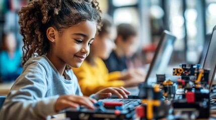 Young students engage in robotics assembly and programming at their laptops, fostering STEM skills in a classroom setting. 