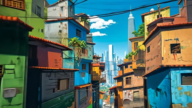 Camera moving through colorful favela alley with city in background