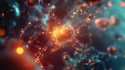 Obraz premium Abstract concept of quantum particles and connections, glowing energy spheres forming intricate networks in the universe, symbolizing advanced scientific research or futuristic technology