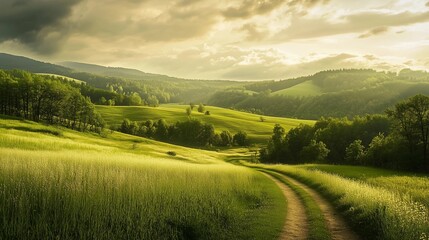 Fototapeta premium A beautiful landscape of green meadows and rolling hills under the soft glow of sunlight, with a dirt path leading to an enchanting forest in the distance