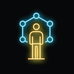 Neon sign of a businessman standing under network connections, representing the concept of networking