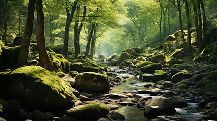 Obraz premium A sun-dappled forest with mossy boulders and vibrant green vegetation