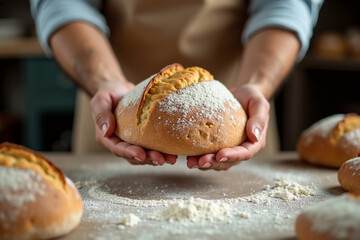 Baker with baked wheat bread in his hands. Excerpt. AI generative.