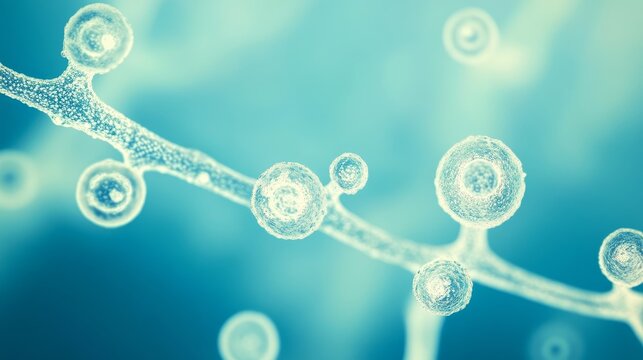 Close-up view of Aspergillus oryzae, a filamentous fungus or mold, used in food production such as soybean fermentation, observed under the microscope in a laboratory setting