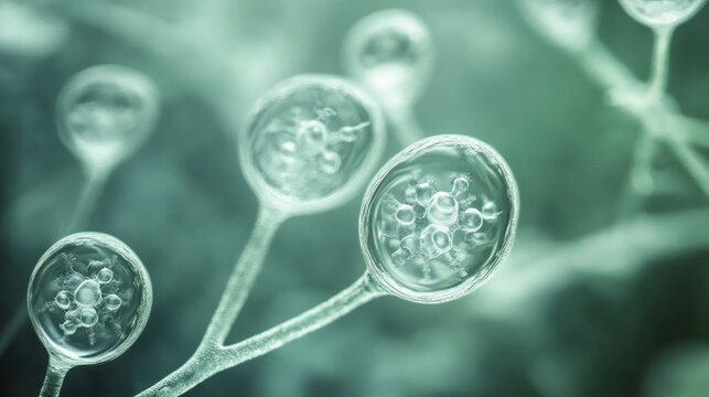 Close-up view of Aspergillus oryzae, a filamentous fungus or mold, used in food production such as soybean fermentation, observed under the microscope in a laboratory setting