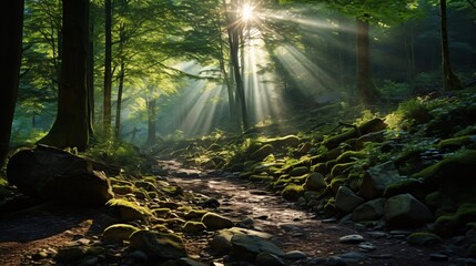 Sunbeams shining through the canopy onto a forest floor with stones and plants