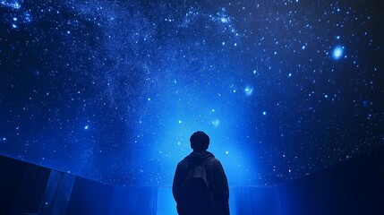 Fototapeta premium A person stands in the center of an immersive dark room, with walls and ceiling entirely covered by blue LED lights. The sky above is full of stars, and the atmosphere inside feels like being under a 