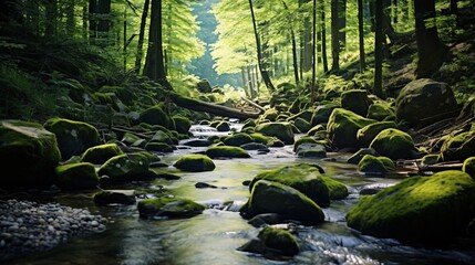 Obraz premium A peaceful forest stream with smooth stones and vibrant green plants