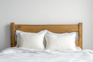 simple oak bed frame with two white linen pillows and a duvet