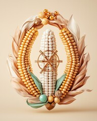 Obraz premium Kwanzaa corn concept. A decorative arrangement featuring a corn cob surrounded by beads and leaves, blending natural elements with artistic design