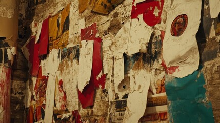 Fototapeta premium Urban wall covered with torn ripped posters, showcasing a distressed, vintage texture. The weathered paper layers create a grunge, urban aesthetic, perfect for background designs, creative projects