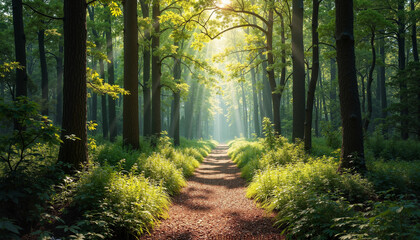 Obraz premium Mysterious forest path illuminated by sunlight filtering through tall trees on a serene morning