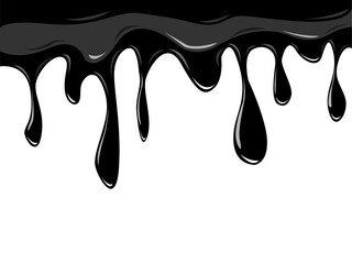 Black liquid paint dripping down on white background. Black ink dripping 3d vector illustration with clipping path.