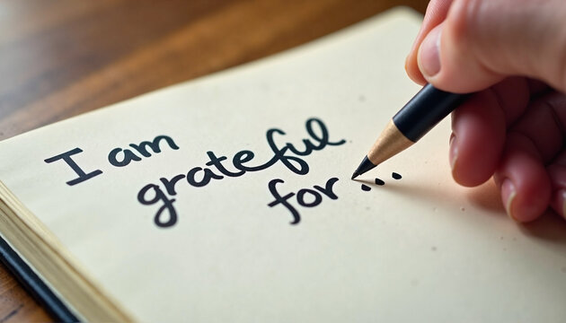 A hand writing gratitude notes in a journal as sunlight streams in, reflecting a moment of reflection and appreciation