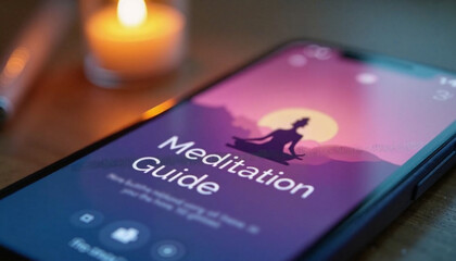 Discovering tranquility at home with a meditation guide on a smartphone beside a calming candle glow
