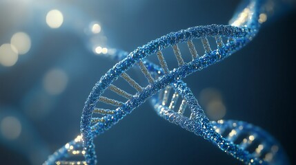 A high-resolution illustration of a DNA double helix structure rendered in vibrant blue tones against a soft-focus background.