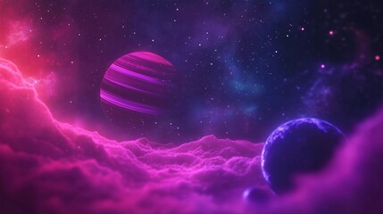 Vibrant purple and pink planets in space, nebula clouds, and a cosmic background, in the style of a fantasy illustration