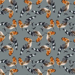 A seamless pattern featuring the vibrant hoopoe bird in realistic digital watercolor. Showcasing the bird’s distinct crest and feather details, this design is ideal for decorative backgrounds, textile