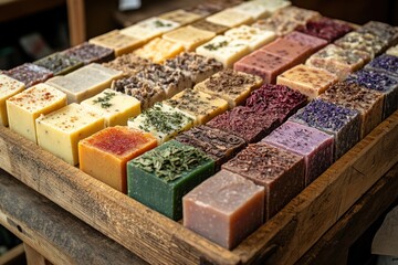 A display of colorful handmade soaps.
