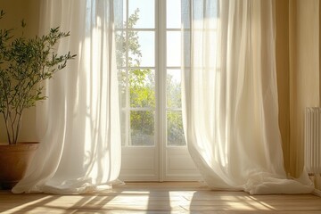 Sunlit room with sheer curtains and greenery.