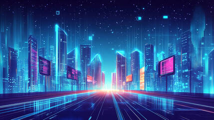 Obraz premium Cyberpunk style, futuristic technology, urban high-rise buildings and highway illustrations