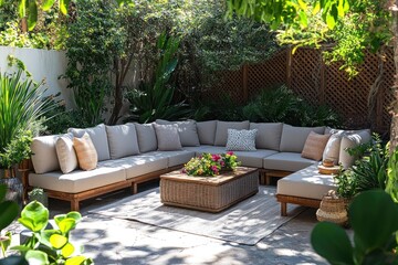 Cozy outdoor seating area with lush greenery.