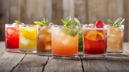Vibrant and colorful drinks in glasses lined up on rustic wooden table, including lemonade with mint leaves, cocktail with fruit garnish, tea with ice cubes, ginger ale with straws, sparkling water wi