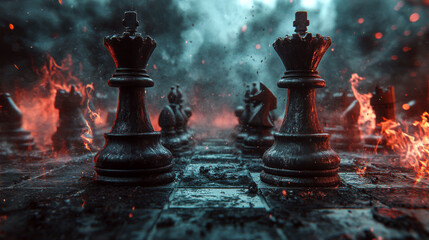 Chess pieces stand on a fiery board with glowing embers around. Concept of dramatic chess battle. For game-themed artwork.