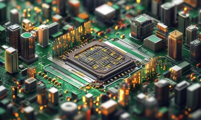 Obraz premium Smart city concept represented by a microchip surrounded by buildings and an electronic pattern, depicted in an isometric view
