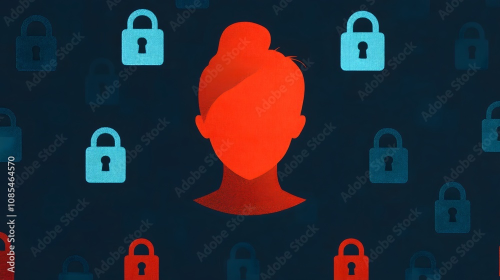 Poster abstract illustration of a female silhouette surrounded by security locks representing digital priva