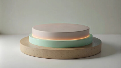 Warm lighting and a layered podium design make this space perfect for presentations.