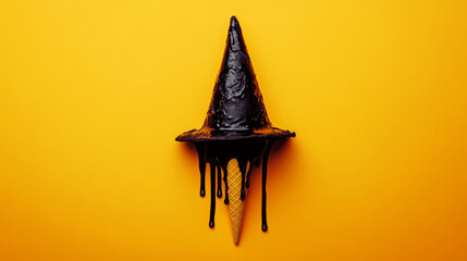 Fototapeta premium Dripping black witch hat is on an ice cream cone against a yellow background. Concept of Halloween fusion. For creative Halloween-themed designs
