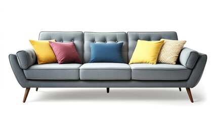Obraz premium Stylish living room featuring a gray couch with colorful pillows against a clean white background, showcasing modern design elements and a minimalist, cozy atmosphere. 