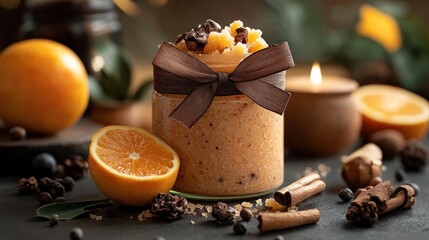 A scented candle with orange and cinnamon decor.
