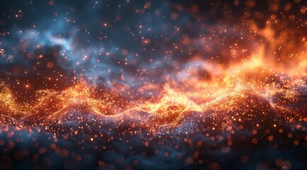 Abstract fiery and icy waves, glowing particles.