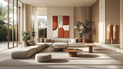 Luxury living room with white modular sofa and abstract art
