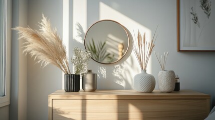 Modern decor with plants and a mirror.