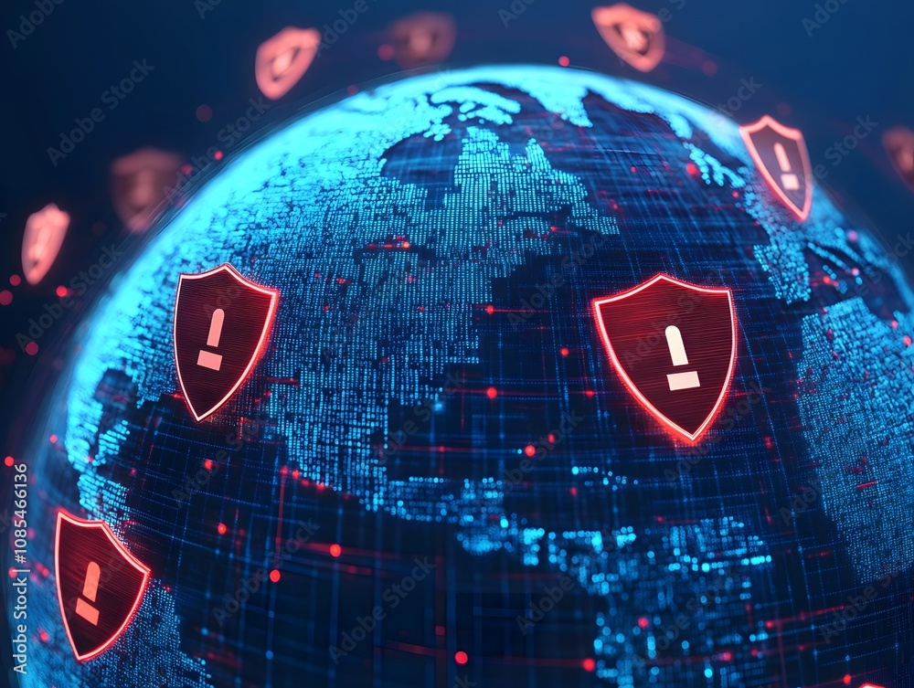 Poster digital globe with glowing security shields symbolizing cyber protection and online safety, represen