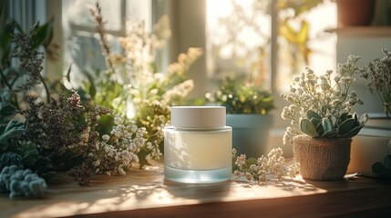 A serene skincare product among blooming plants.