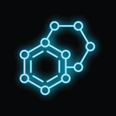 Blue neon molecule structure glowing on black background representing chemistry, science, laboratory, and research