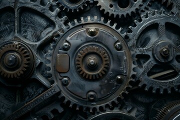Large system of metal engine gears wheels in connection. Neural network ai generated art