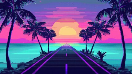 Naklejka premium Pixelated Sunset on a Tropical Highway
